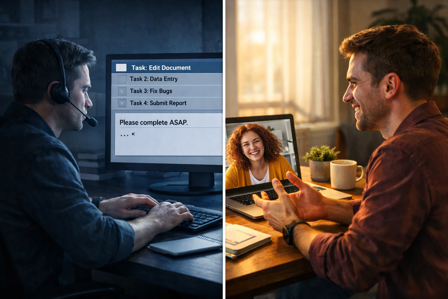 Side-by-side contrast showing transactional remote work versus an engaged remote team member relationship